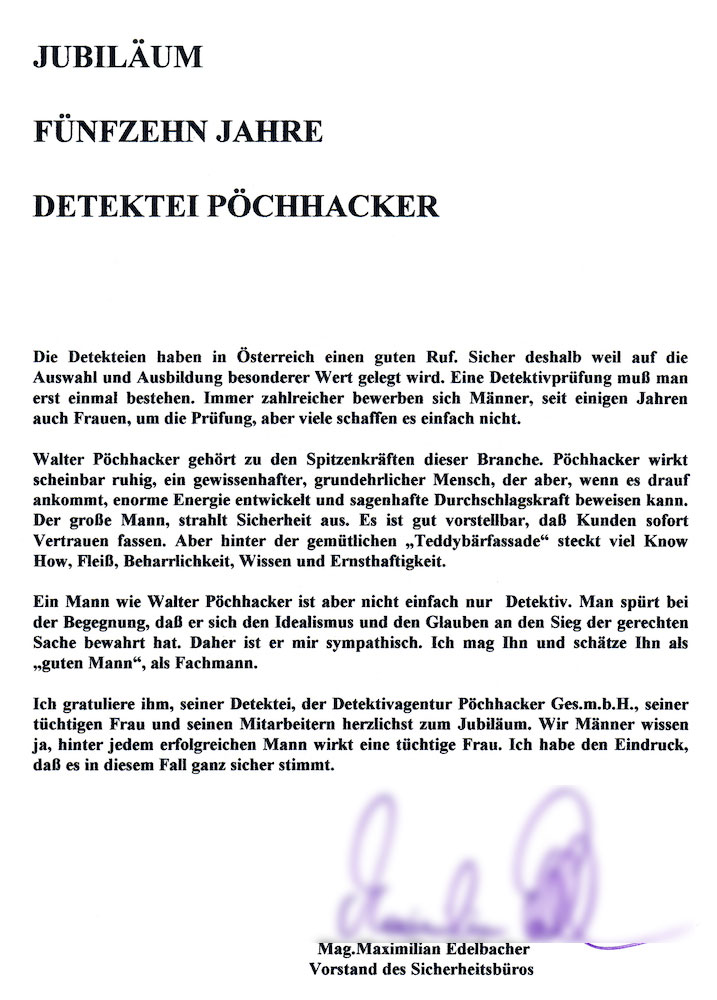 Jubiläum fünfzehn Jahre Detektei Pöchhacker